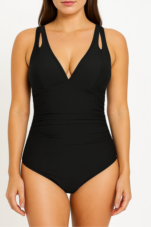 One-piece triangle swimsuit with X on the back