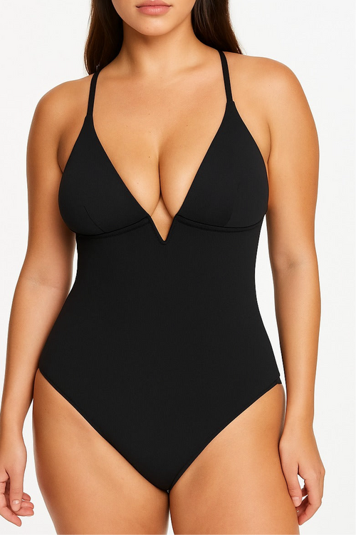 One-piece swimsuit X in the back with a deep V-neckline