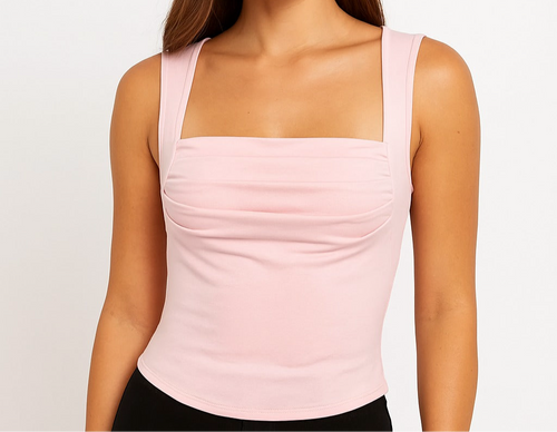 A tank top with a built-in bra and a pleated neckline