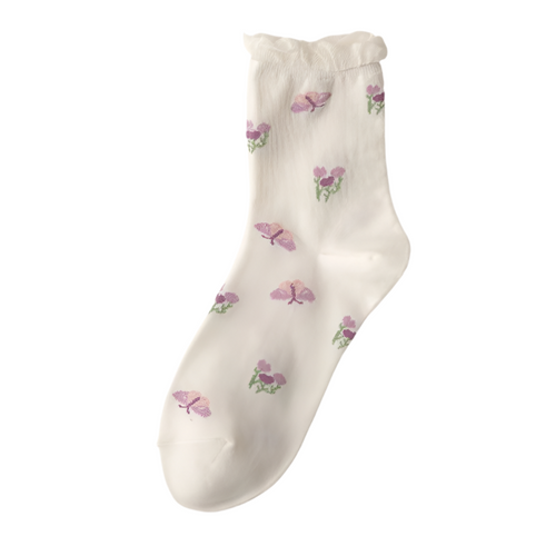 Purple cotton socks with a variety of illustrations
