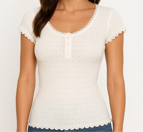 Aesthetic t-shirt with lace flower holes and buttons