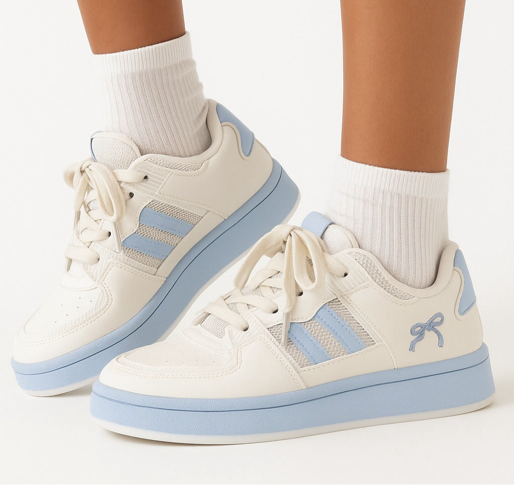 Aesthetic light blue sneakers with bow