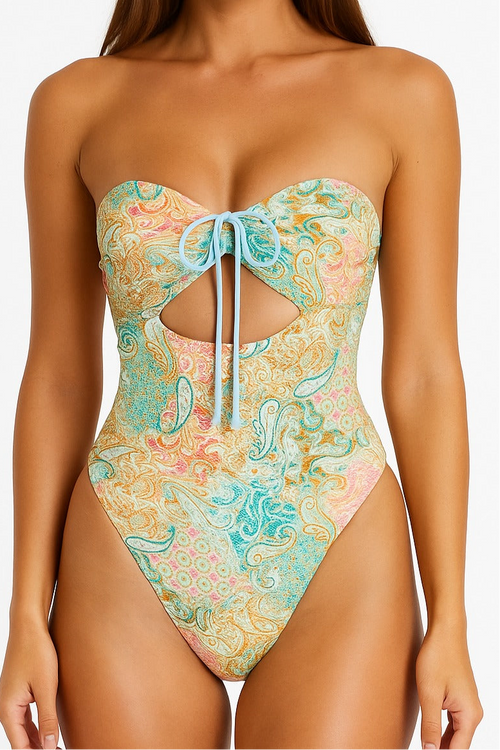 Colorful one-piece swimsuit with a tie-neck opening