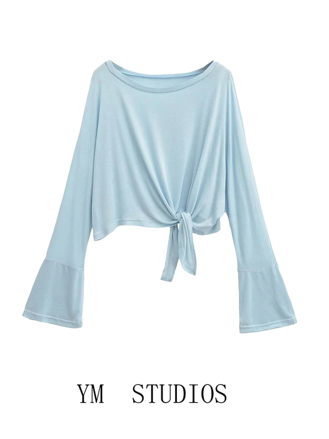 Tie-front top with flared sleeves