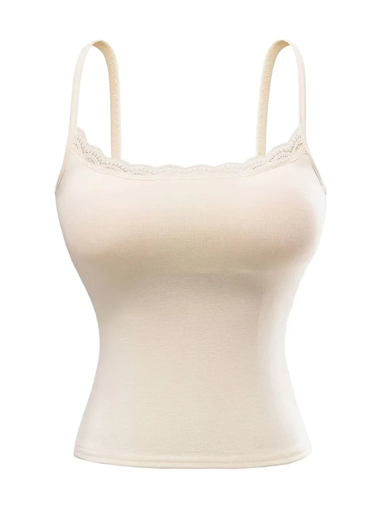 Tank top with built-in bra and lace decorations