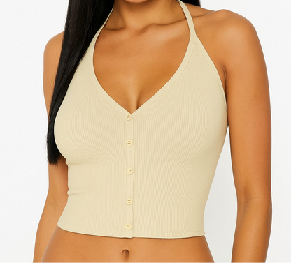 Buttoned collar tank top with a built-in bra
