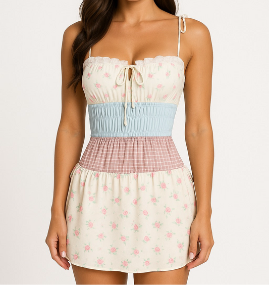 An aesthetic dress with several types of fabrics and illustrations