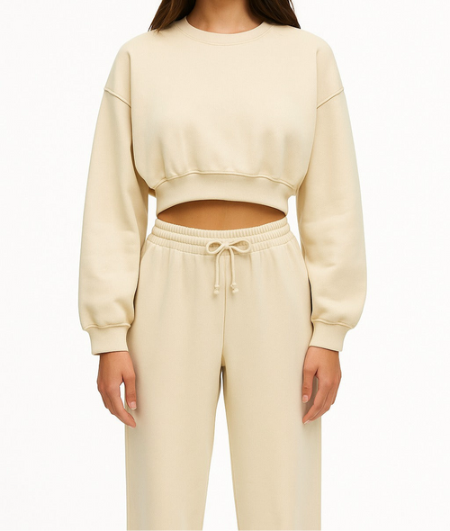 A set of sweatpants and a sweatshirt with a belly cut