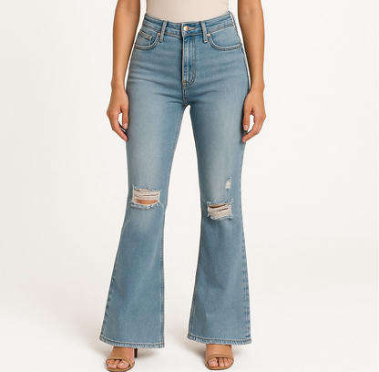 Flared jeans with rips at the knees