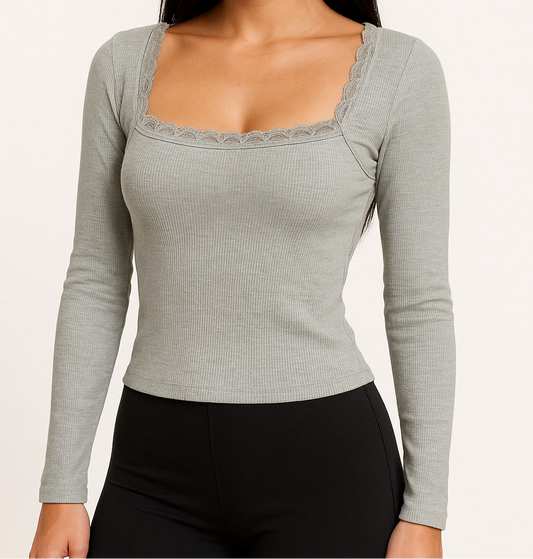 Shirt with square lace neckline
