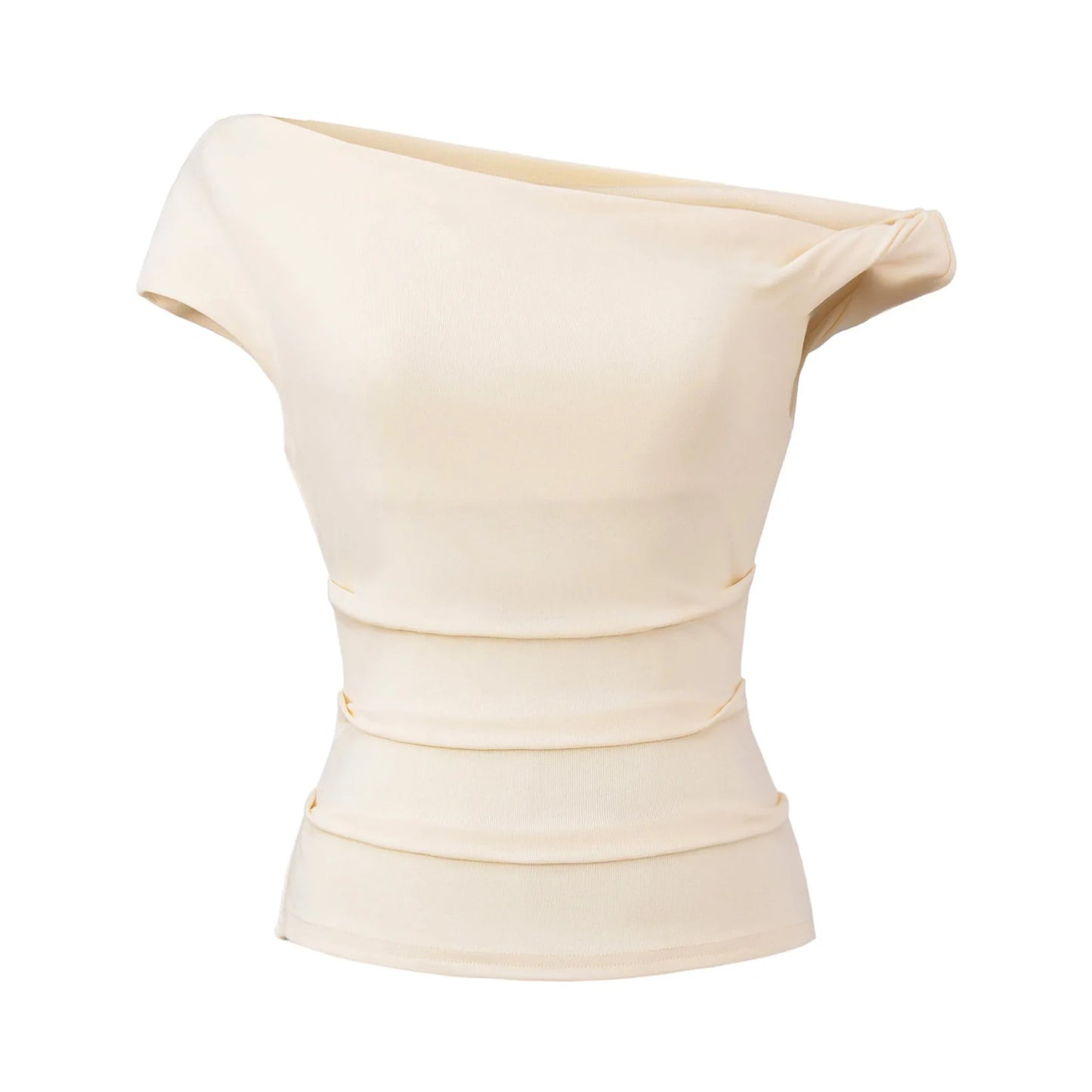 A shirt with a falling shoulder and shirring at the waist