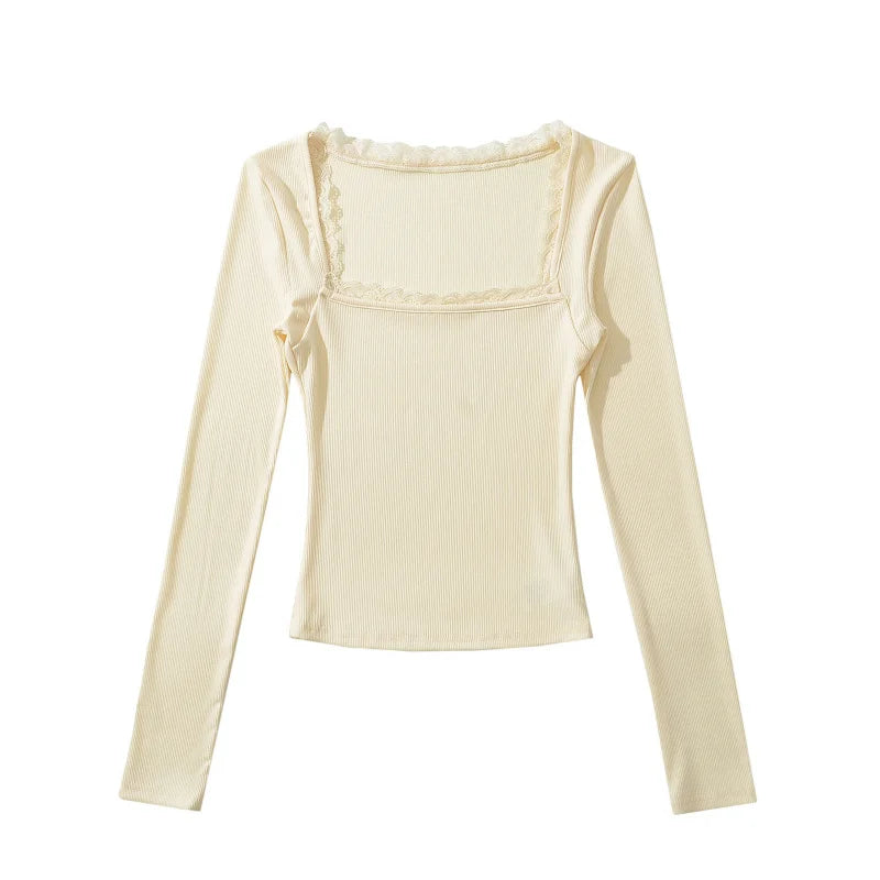 Shirt with square lace neckline