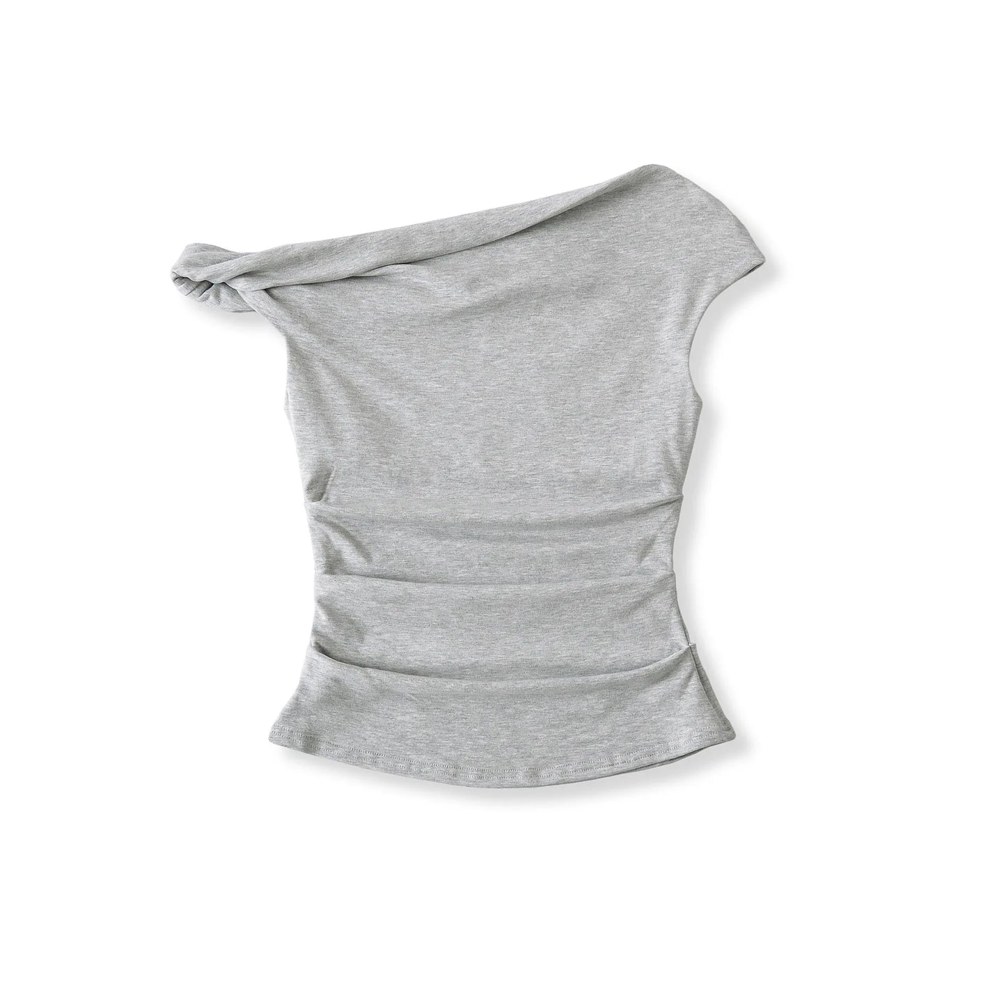 A shirt with a falling shoulder and shirring at the waist