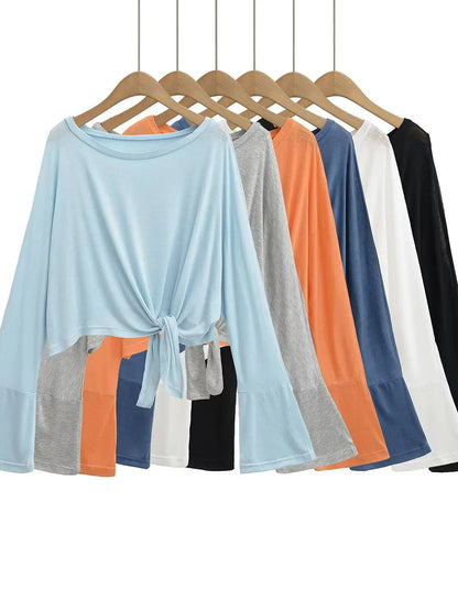 Tie-front top with flared sleeves