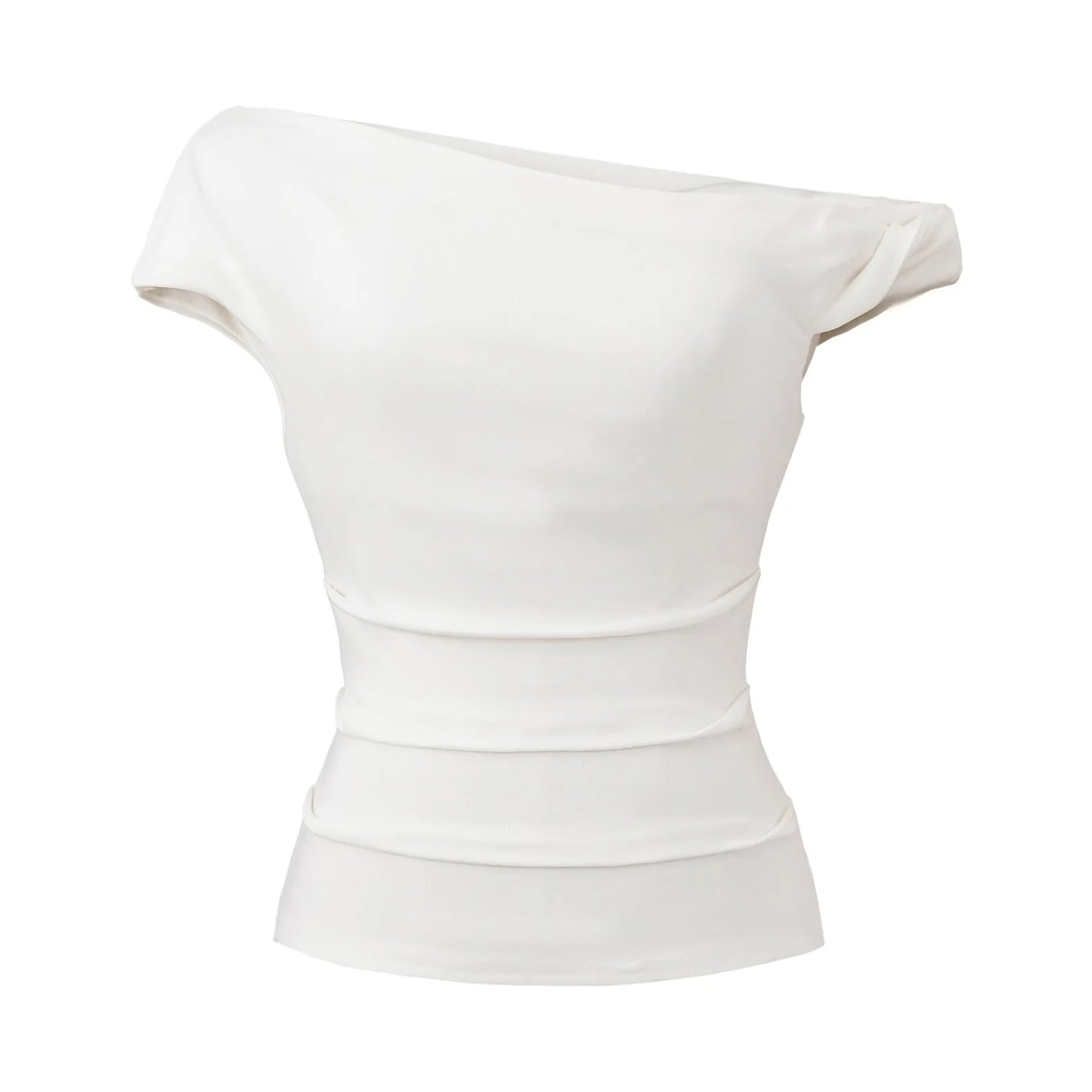 A shirt with a falling shoulder and shirring at the waist