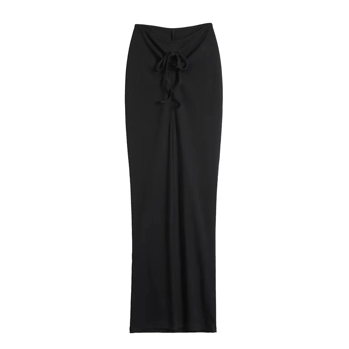 A tight long skirt with a gathered buttock and a front tie