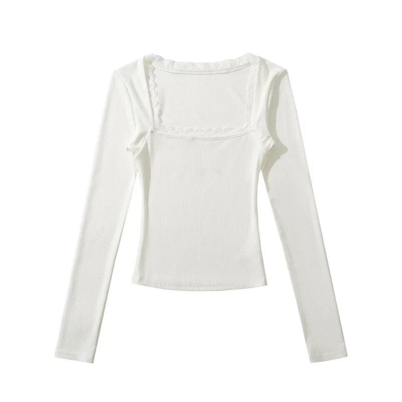Shirt with square lace neckline