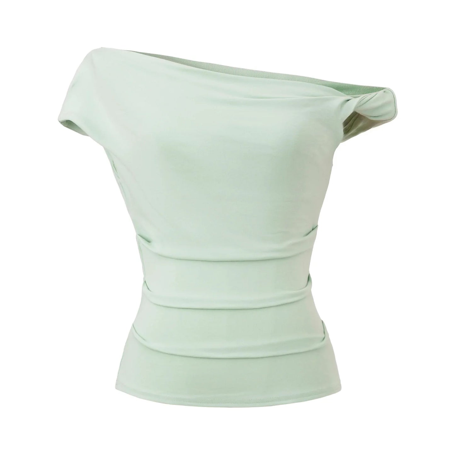 A shirt with a falling shoulder and shirring at the waist