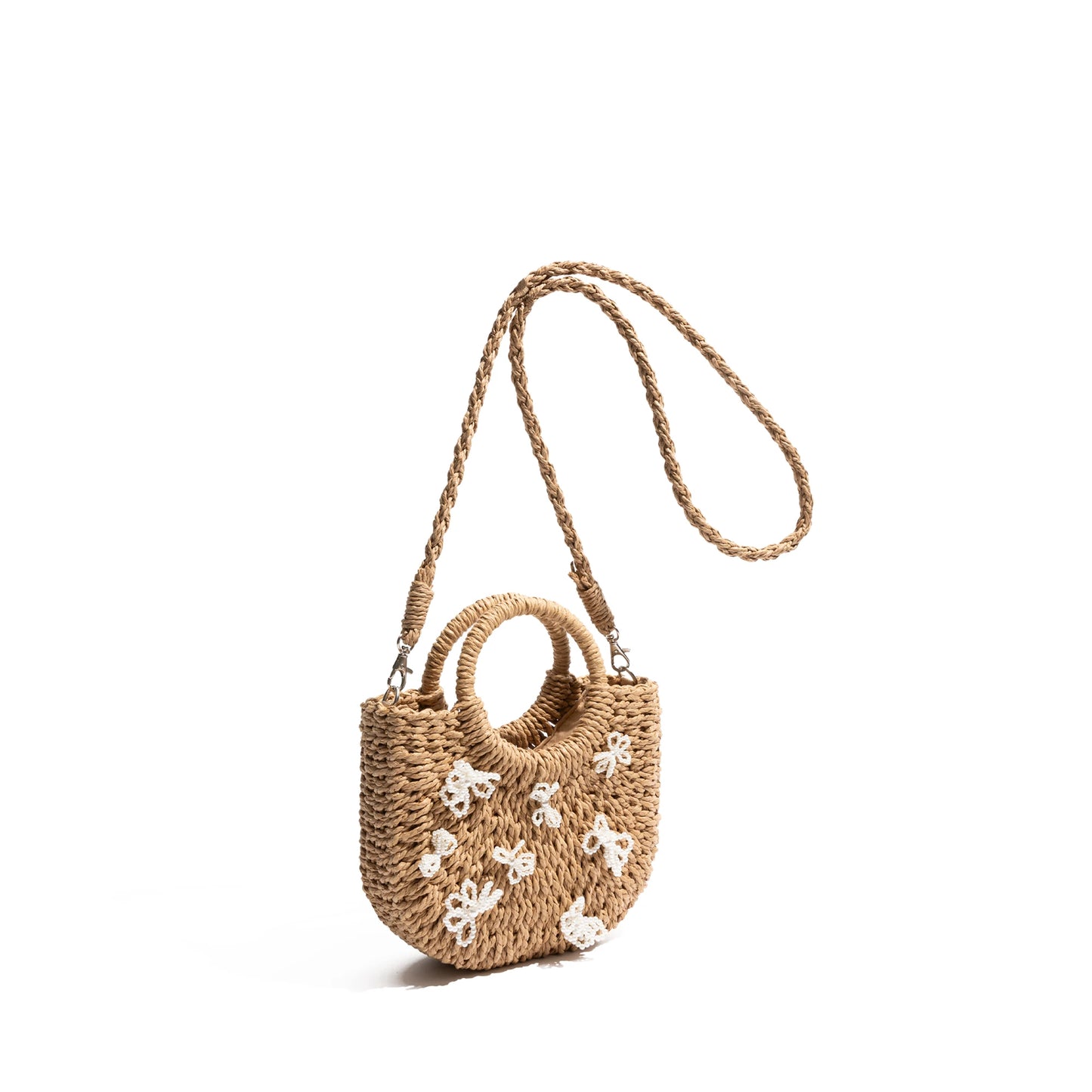 Side straw bag with bow ties
