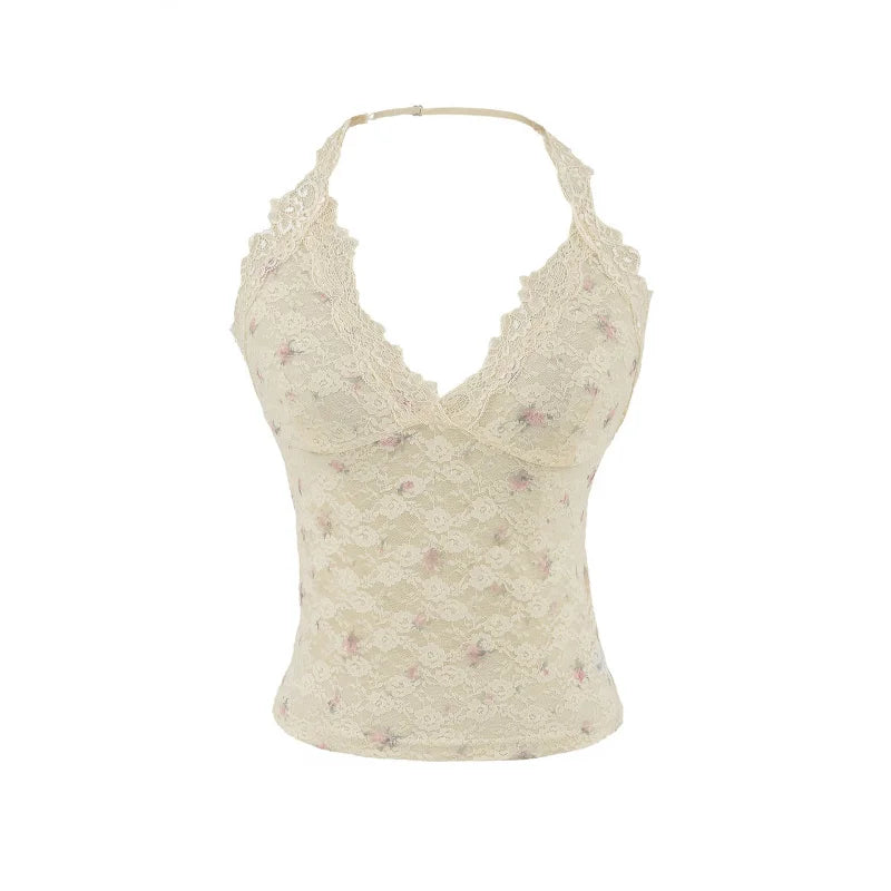 Floral lace collar tank top