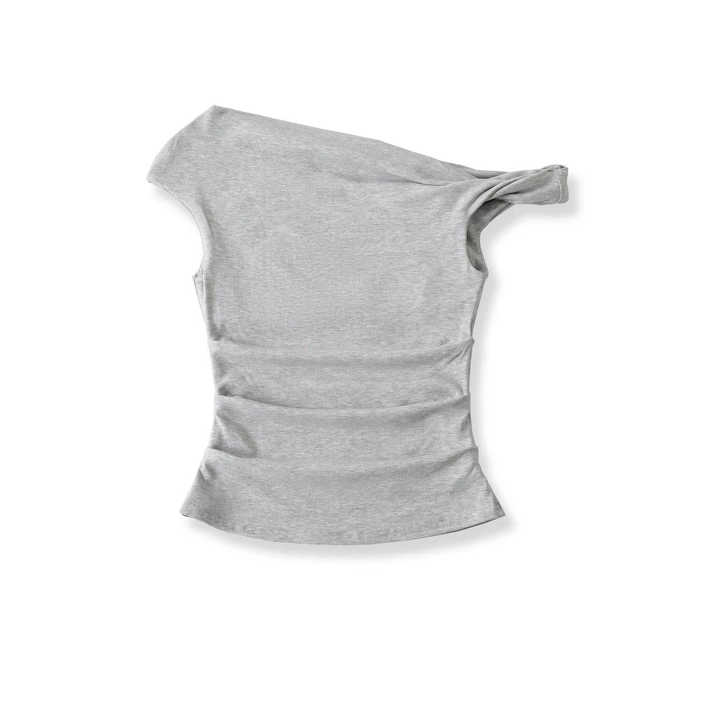 A shirt with a falling shoulder and shirring at the waist
