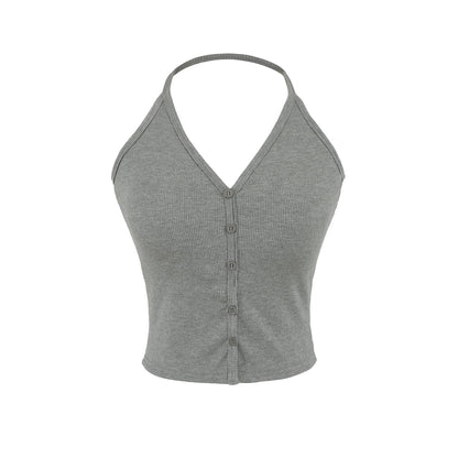 Buttoned collar tank top with a built-in bra