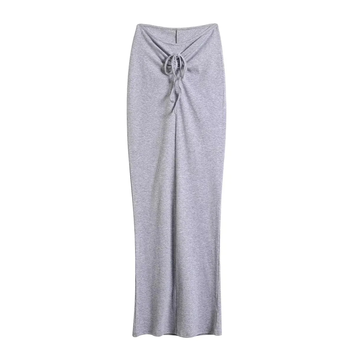 A tight long skirt with a gathered buttock and a front tie