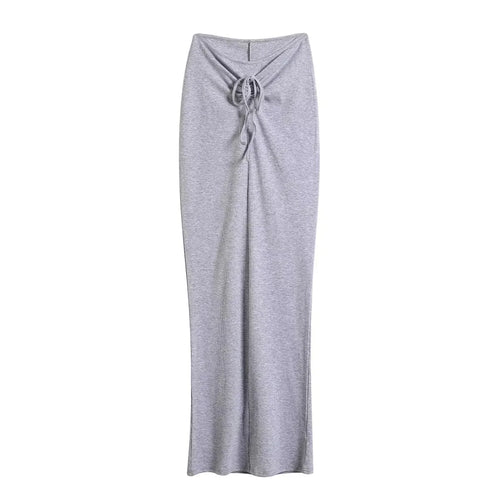 A tight long skirt with a gathered buttock and a front tie