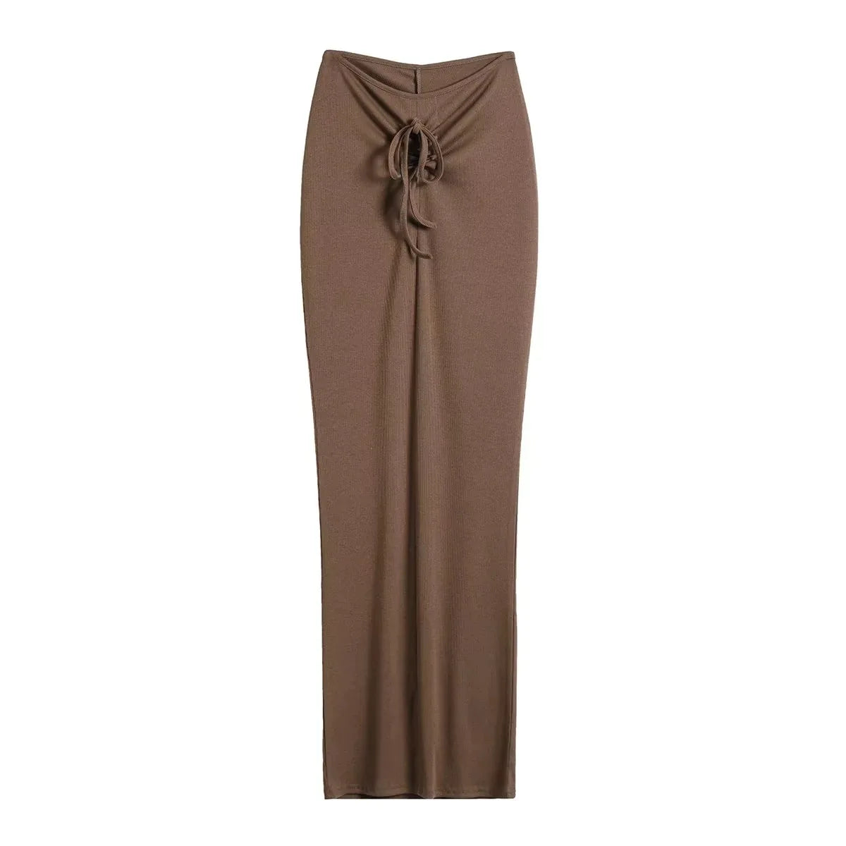 A tight long skirt with a gathered buttock and a front tie