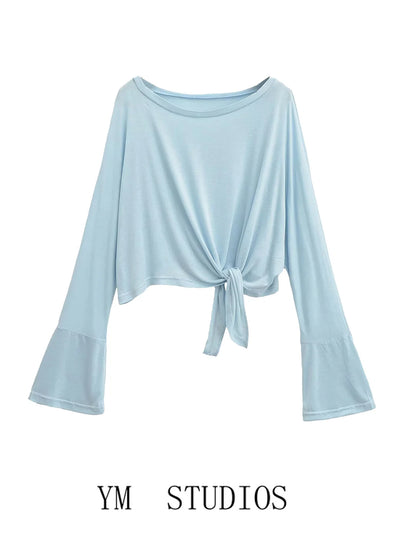 Tie-front top with flared sleeves