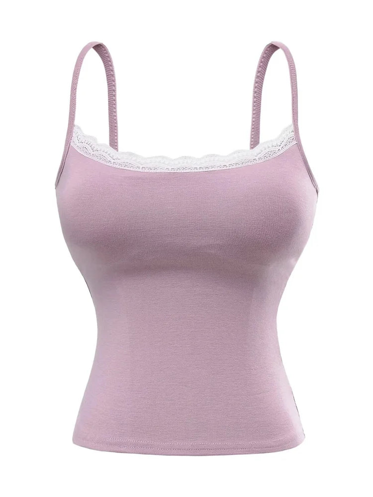 Tank top with built-in bra and lace decorations