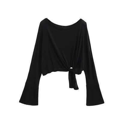Tie-front top with flared sleeves
