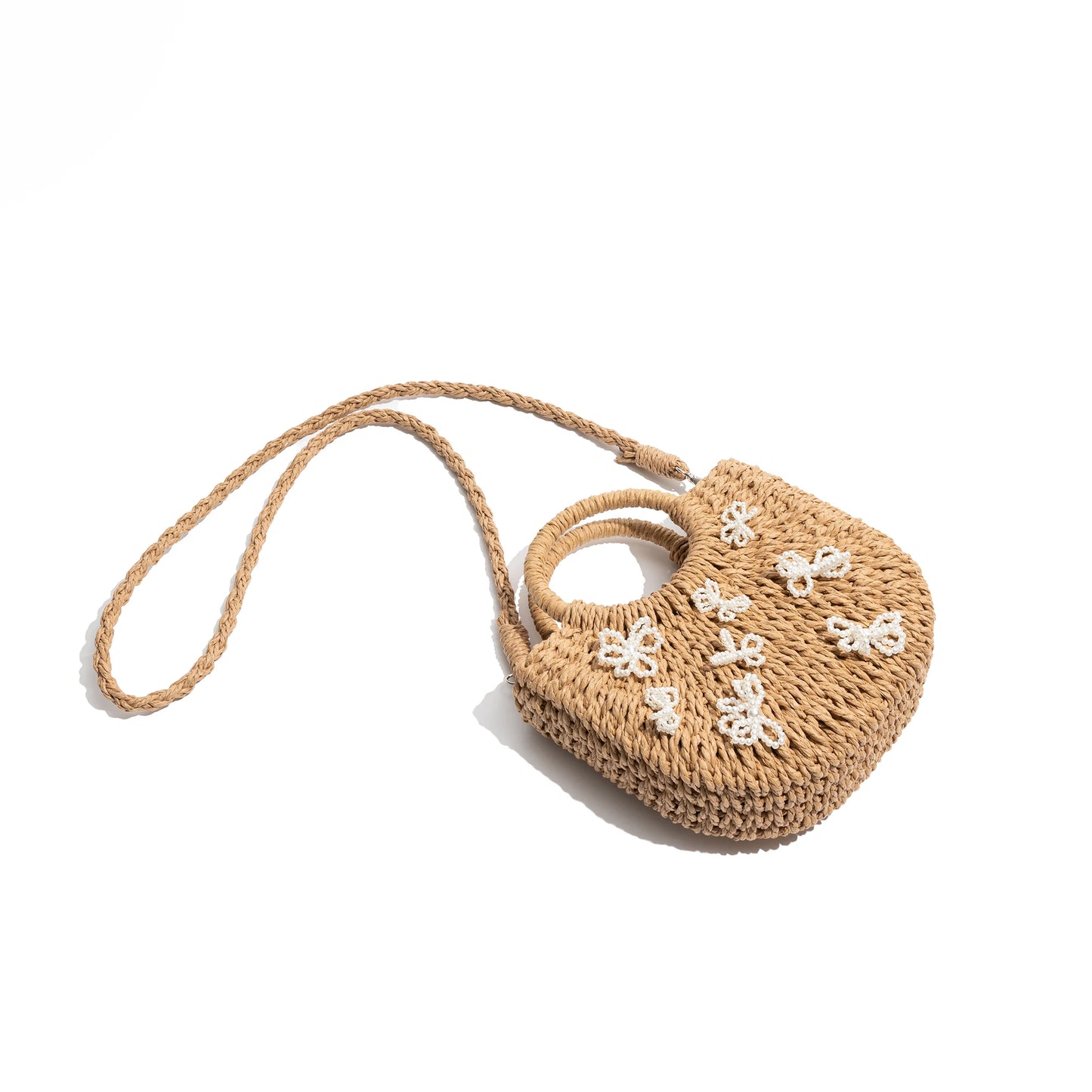 Side straw bag with bow ties