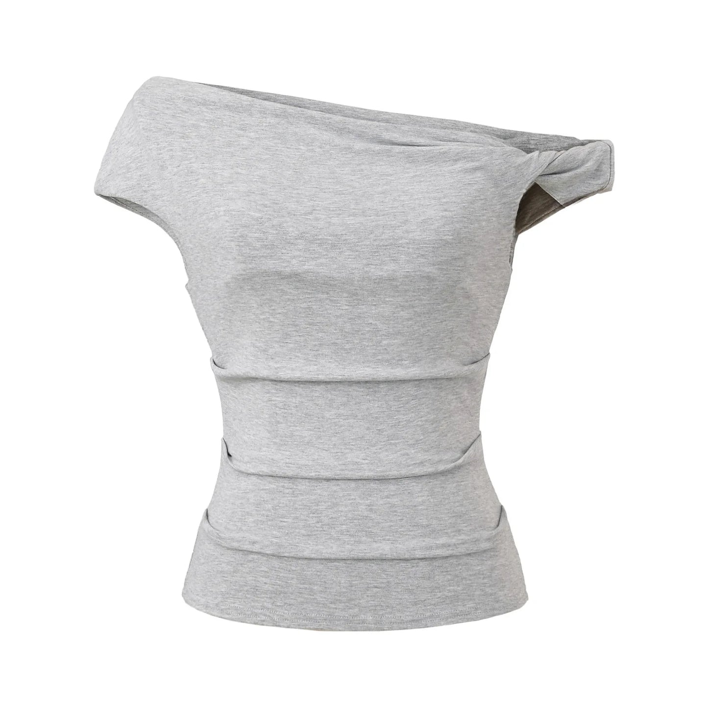 A shirt with a falling shoulder and shirring at the waist