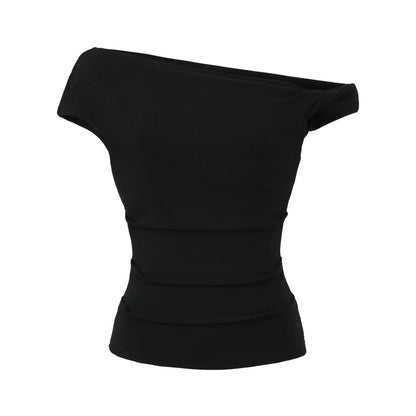A shirt with a falling shoulder and shirring at the waist